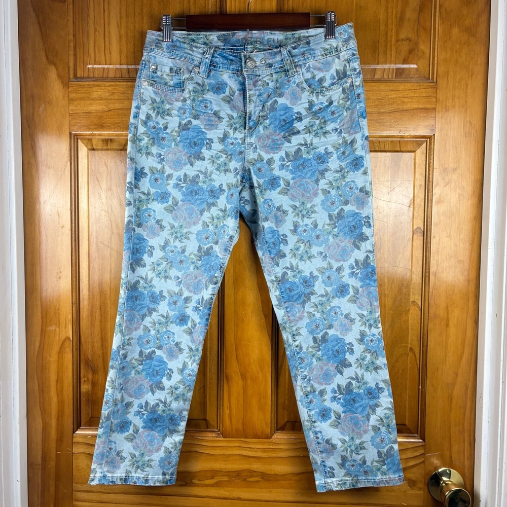 Code Bleu Aimee Crop Floral Jeans Blue Rose Print Stretch Denim Missy 8R Cottage